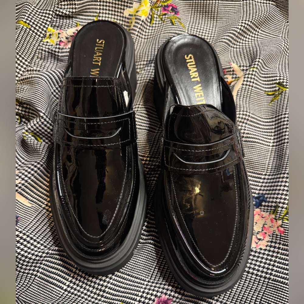 Stuart Weitzman Black Glossy Mules